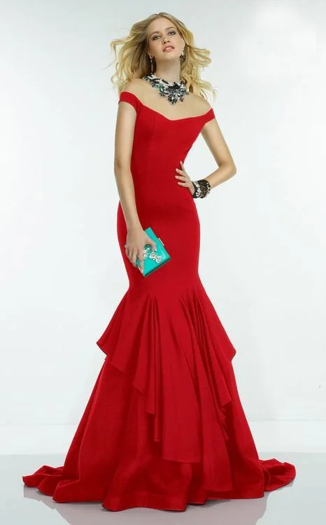 Get Ready to Save!Alyce Paris Adorned Illusion Off Shoulder Ruffled Trumpet Gown 2551 - 1 Pc. Red in size 6 Available Get Ready to Save!Alyce Paris Adorned Illusion Off Shoulder Ruffled Trumpet Gown 2551 - 1 Pc. Red in size 6 Available