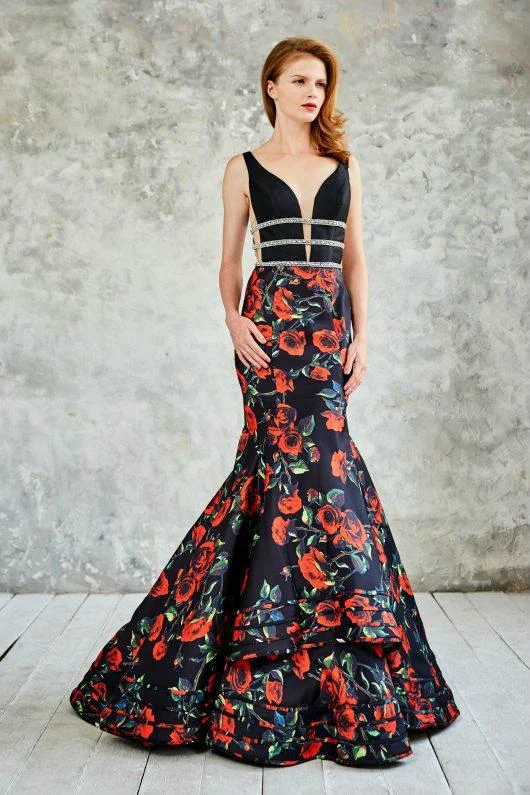 Time to Save Big!Angela & Alison Floral Print V-Neck Cutout Illusion Long Evening Gown 771030 Time to Save Big!Angela & Alison Floral Print V-Neck Cutout Illusion Long Evening Gown 771030