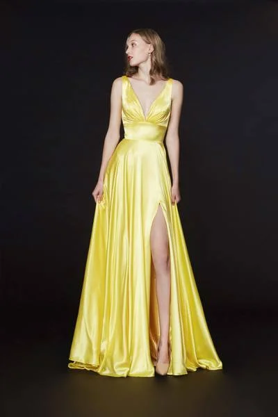 Incredible Savings Inside!Angela & Alison - Ruched Plunging V-Neck Gown with Slit 91041 - 1 pc Yellow In Size 4 Available Incredible Savings Inside!Angela & Alison - Ruched Plunging V-Neck Gown with Slit 91041 - 1 pc Yellow In Size 4 Available