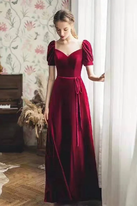 Don’t Wait – Shop Today!Burgundy Velvet Long Prom Gowns with Puffy Sleeves