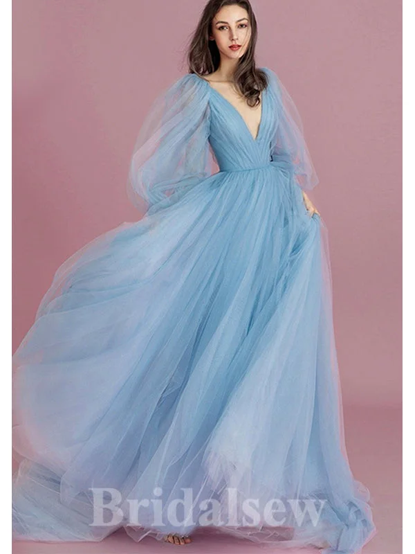 Your Favorite Sale is Back!Your Favorite Sale is Back!Charming A-line Long Sleeves Blue Tulle Elegant Princess Long Women Evening Prom Dresses PD733