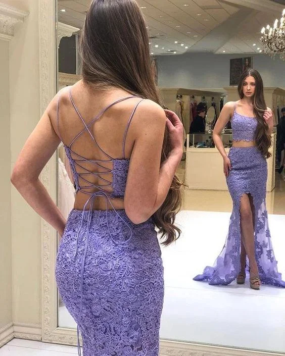 One Click Away from Big Savings!Elegant Two Pieces Mermaid Lilac Lace Slit Long Prom Dresses, Formal cg21998 One Click Away from Big Savings!Elegant Two Pieces Mermaid Lilac Lace Slit Long Prom Dresses, Formal cg21998