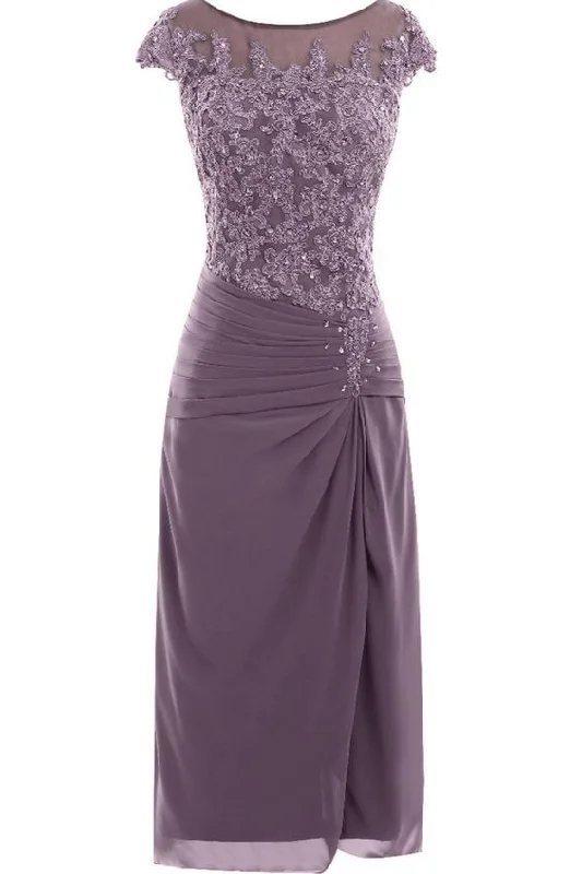 Exclusive Savings This Week!knee length mauve tight chiffon mother of the bride/prom dress with cap sleeves   cg22022