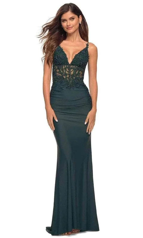 Limited Stock Available!La Femme - 31128 V Neck Sheer Lace Long Dress