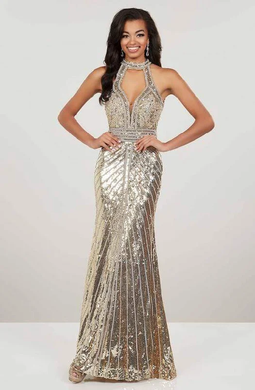 Buy One, Get One Free!Panoply - 14963 Sequined High Halter Trumpet Dress - 1 pc Gold/Silver In Size 4 Available Buy One, Get One Free!Panoply - 14963 Sequined High Halter Trumpet Dress - 1 pc Gold/Silver In Size 4 Available