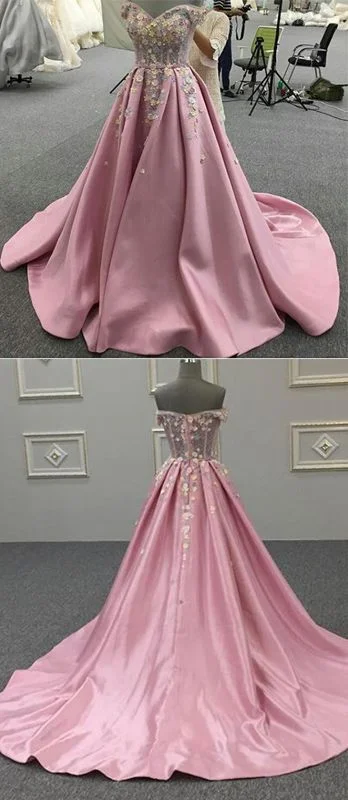 Your Discount is Waiting!Your Discount is Waiting!Pink Off Shoulder Satin Handmade Flowers Lace A Line Prom Dresses   cg21877