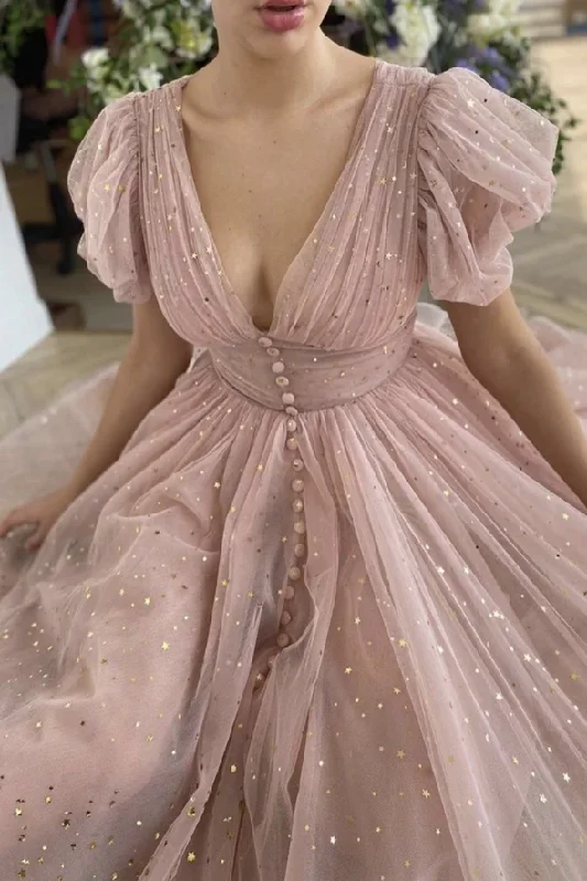 Limited Stock Available!Pink v neck tulle short prom dress party dress    cg22162