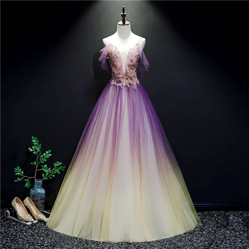 Special Offer – Act Fast!Purple And Yellow Gradient V-Neckline Straps Tulle Evening Gown, Long Prom Dress Party Dress cg22030 Special Offer – Act Fast!Purple And Yellow Gradient V-Neckline Straps Tulle Evening Gown, Long Prom Dress Party Dress cg22030