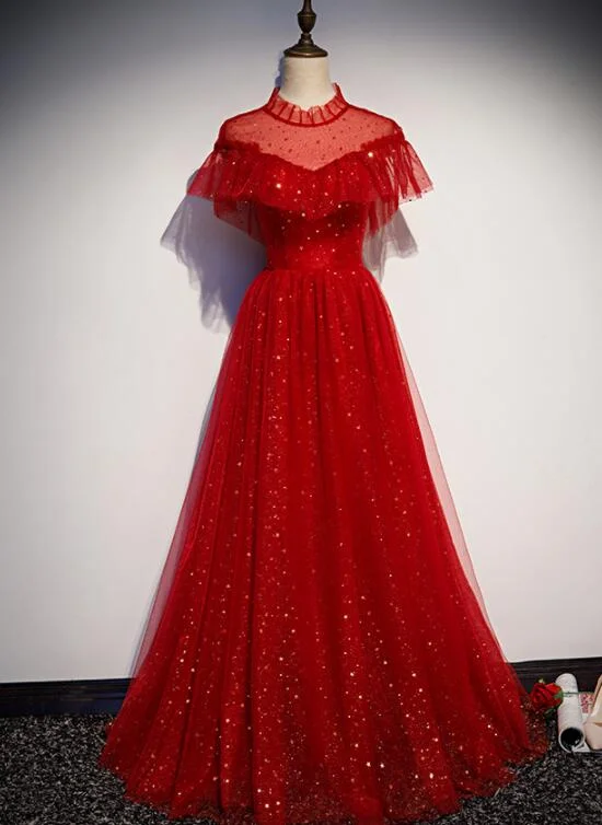 Your Chance to Save is Now!Red Sequins Tulle High Neckline Long Shiny Prom Dress, Red Long Evening Dress Party Dress cg22117 Your Chance to Save is Now!Red Sequins Tulle High Neckline Long Shiny Prom Dress, Red Long Evening Dress Party Dress cg22117