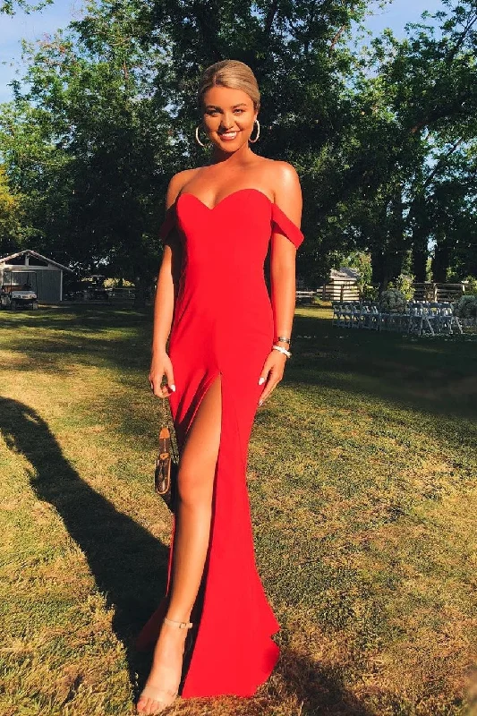 The Best Sale of the Year!Slit Maxi Long Red Prom Dresses with Off-the-shoulder