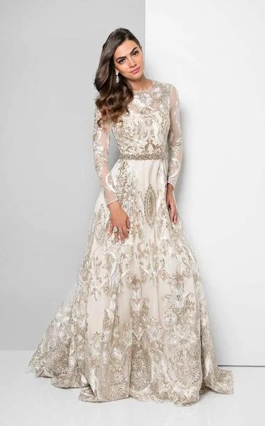 Steals and Deals Await!Terani Couture - 1712E3652 Metallic Appliqued Illusion Gown - 1 pc White Gold In Size 12 Available Steals and Deals Await!Terani Couture - 1712E3652 Metallic Appliqued Illusion Gown - 1 pc White Gold In Size 12 Available