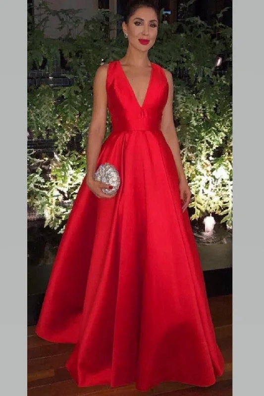 Snag the Best Prices Now!V-neckline Satin Red Prom Gown with Bow Embellished Back