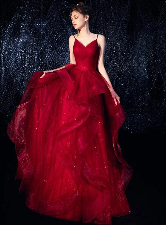 Limited Deals, Unlimited Savings!Wine Red Straps Tulle Princess Long Evening Dress Party Dress, Shiny Tulle Evening Gown Prom Dress cg22119 Limited Deals, Unlimited Savings!Wine Red Straps Tulle Princess Long Evening Dress Party Dress, Shiny Tulle Evening Gown Prom Dress cg22119
