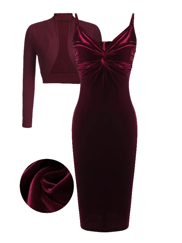 Limited Time Offer!2PCS Wine Red 1960s Velvet Bodycon Dress