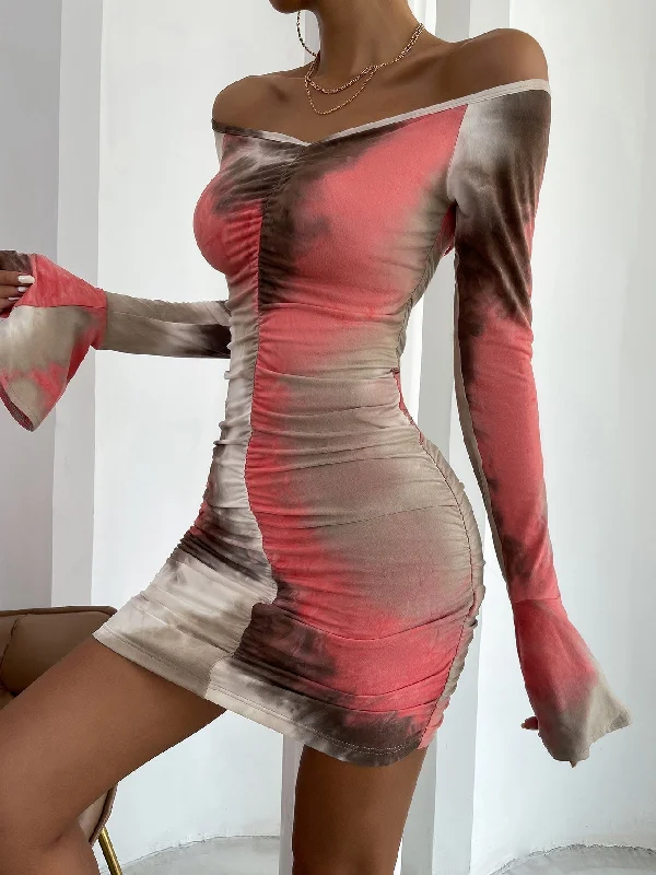 Shop Now and Save!KittenAlarm - Tie Dye Off Shoulder Flounce Sleeve Ruched Bodycon Dress Shop Now and Save!KittenAlarm - Tie Dye Off Shoulder Flounce Sleeve Ruched Bodycon Dress