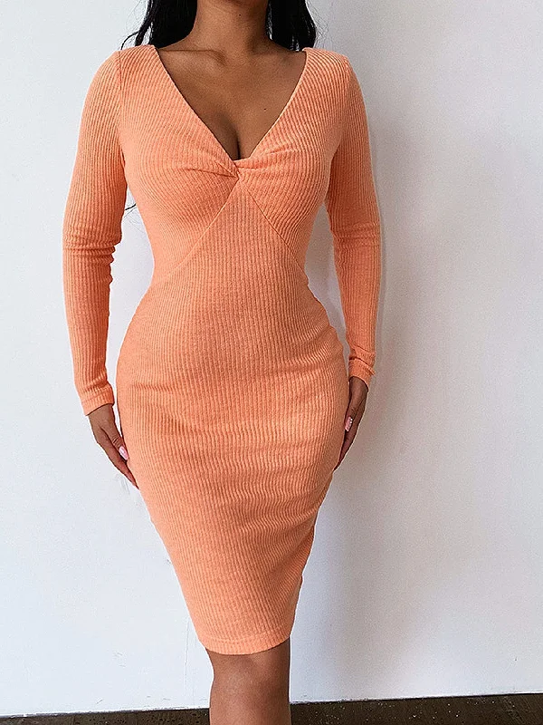 Time to Save Big!KittenAlarm - Women Deep V Neck Long Sleeve Bodycon Dress