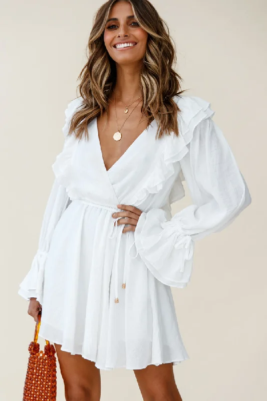 Hottest Discounts of the Year!Adina Fluted Long Sleeve Frill Detail Dress White
