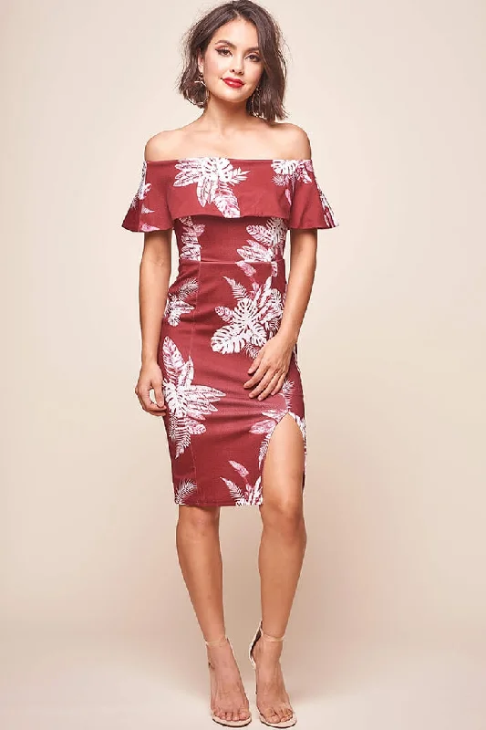 Steals and Deals Await!Alina Tiered Off Shoulder Dress Wine Base