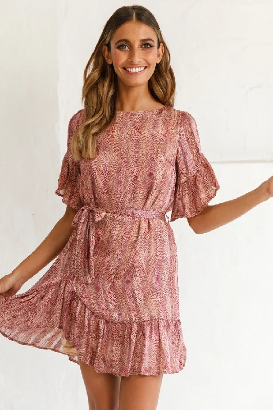 Save More with Every Purchase!Azealia Ruffle Hem Dress Diamond Print Wine