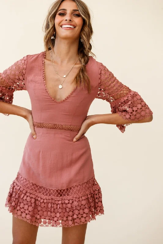 Instant Savings Await!Believe It Crochet Detail Fluted Hem Dress Rose