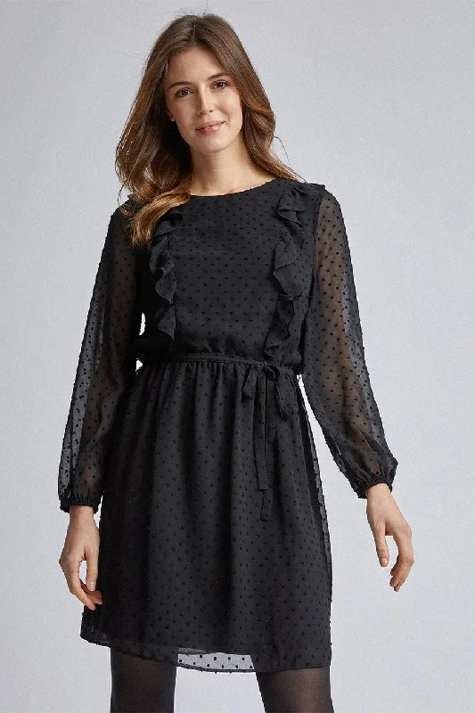 Enjoy Huge Discounts Now!Black Dobby Frill Fit And Flare Dress