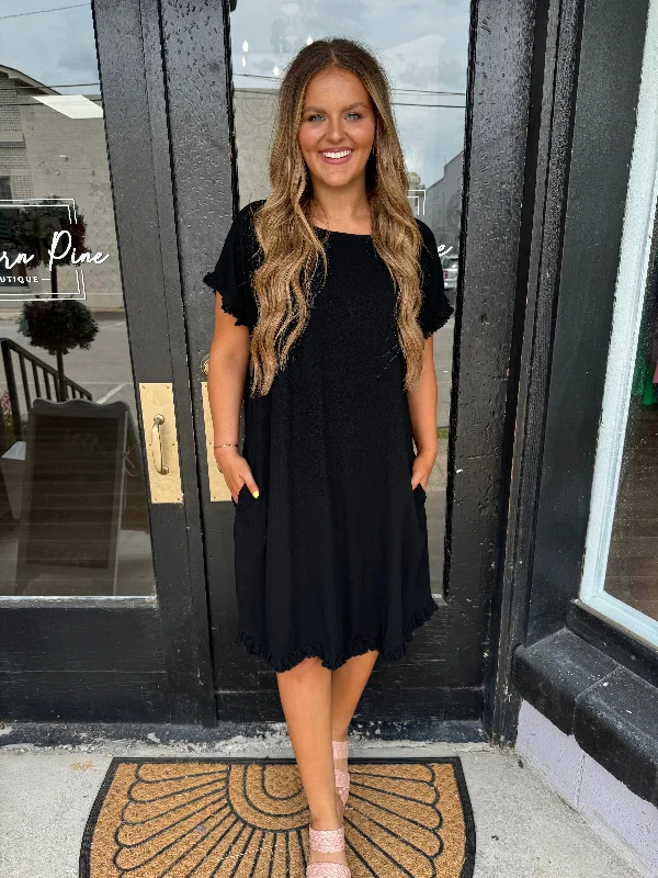Limited Stock Available!Black linen fringe edge dress