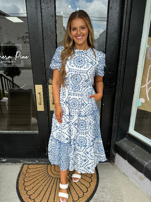 The Sale You’ve Been Waiting For!Blue & white embroidered pattern dress