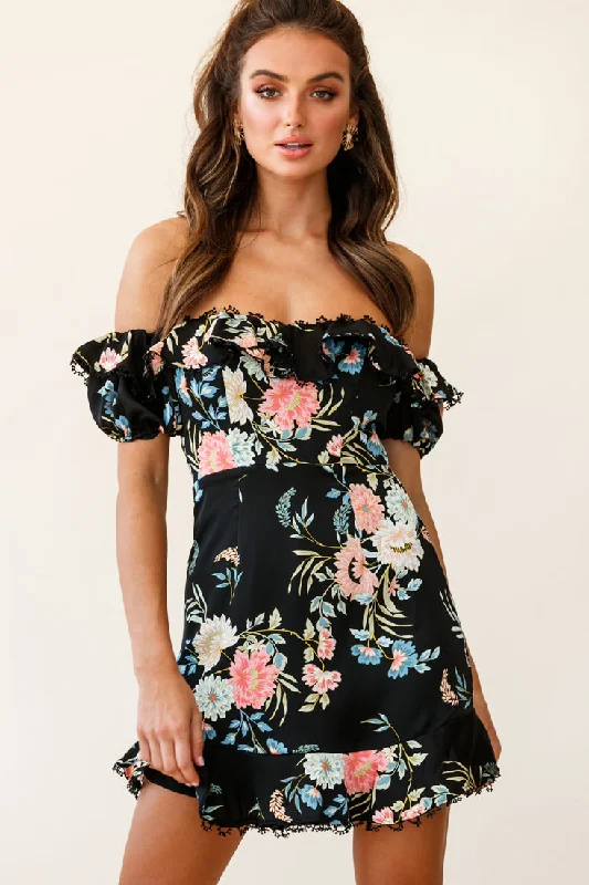 Time to Snag a Bargain!Bobby Bardot Neckline Puff Sleeve Dress Black