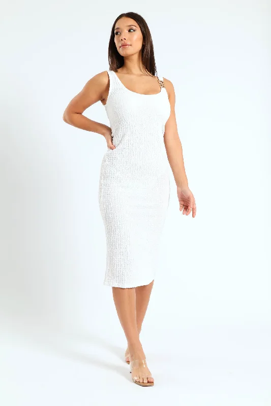 Score Big Savings Today!Buckle Trim Textured Bodycon Dress - White