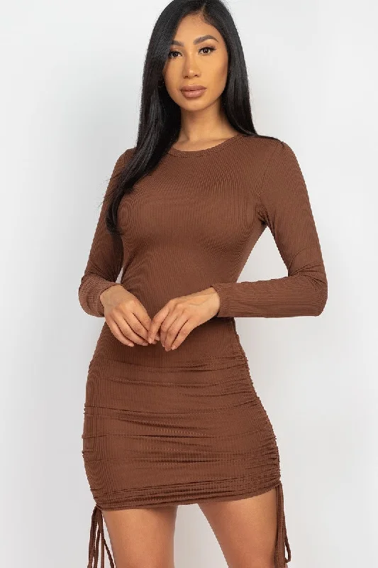 Flash Sale – Act Fast!Ribbed long sleeve drawstring bodycon dress