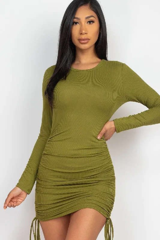 Unbeatable Prices!Ribbed long sleeve drawstring bodycon dress