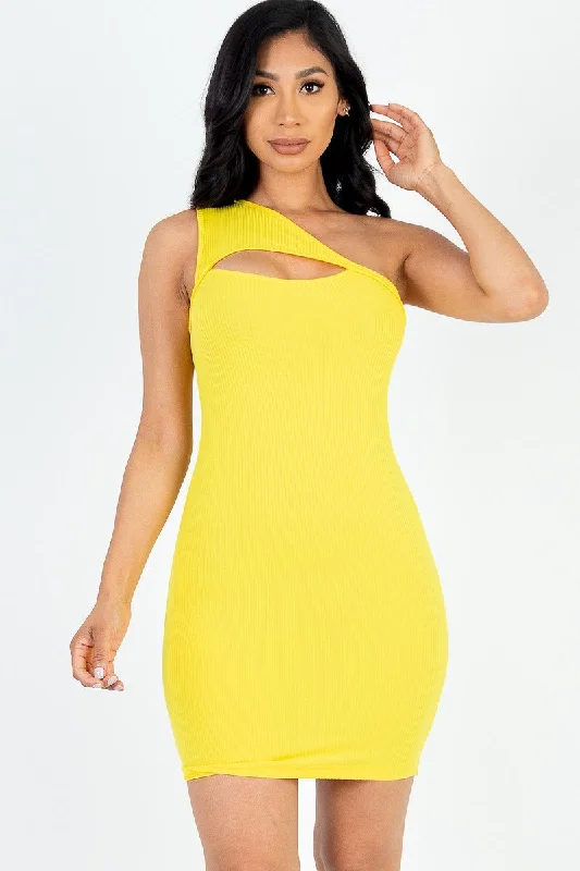 Get It Before It’s Gone!Ribbed One Shoulder Cutout Front Mini Bodycon Dress