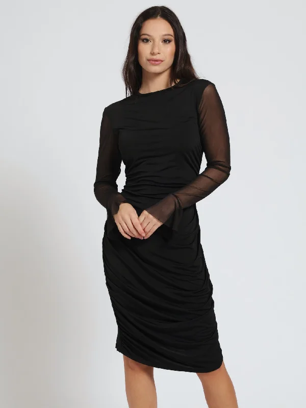 Unbeatable Prices!Combo Slinky Mesh Flare Sleeve Bodycon Dress - Black