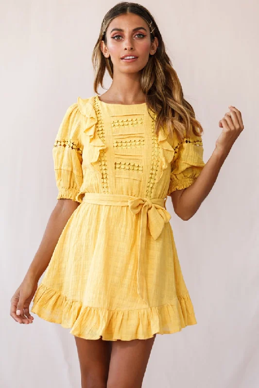 Don't Miss Out!Delia Puff Sleeve Crochet Detail Dress Mustard