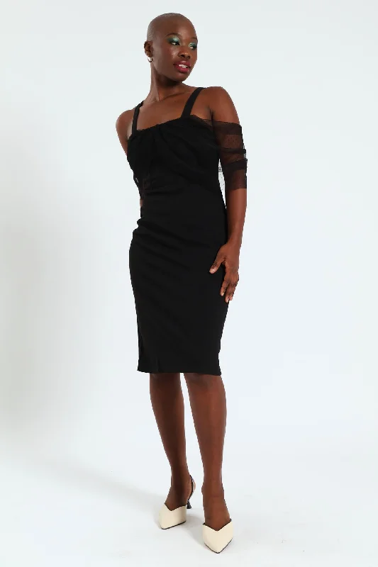 Act Fast – Limited Time Savings!Dobby Mesh Combo Detail Bodycon Dress - Black