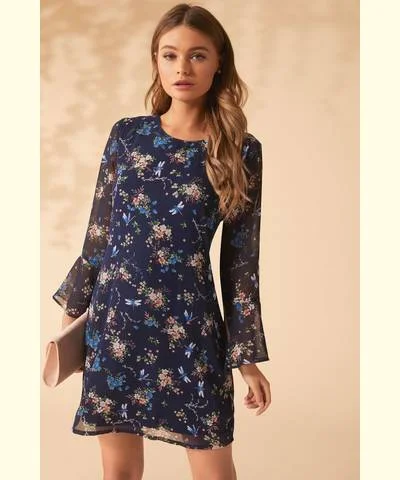 One Click Away from Big Savings!Dragon Fly Print Tunic Dress Navy