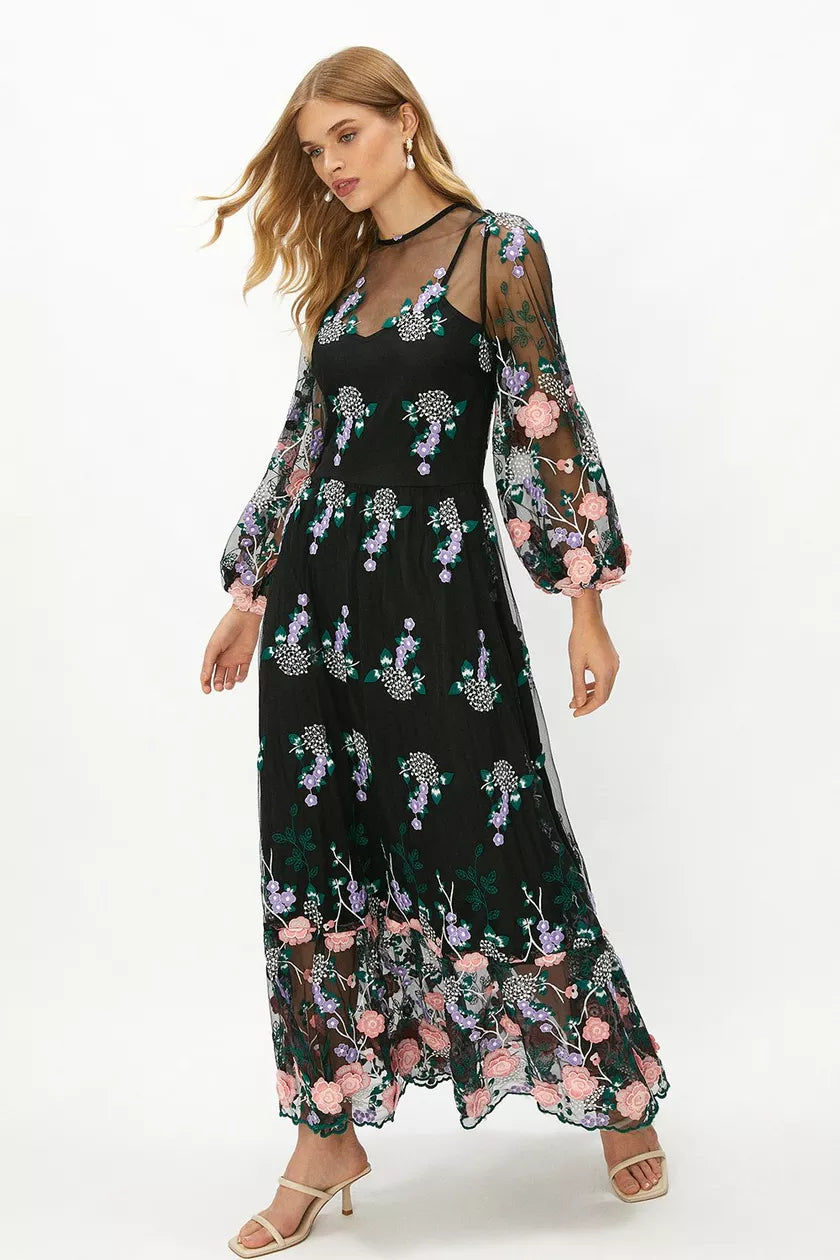 Your Exclusive Offer Awaits!Embroidered Mesh Midaxi Dress Black