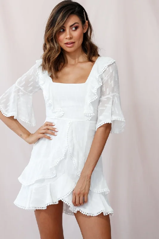 Today Only – Don’t Miss It!Evangelina Square Neckline Fluted Half-Sleeve Dress White