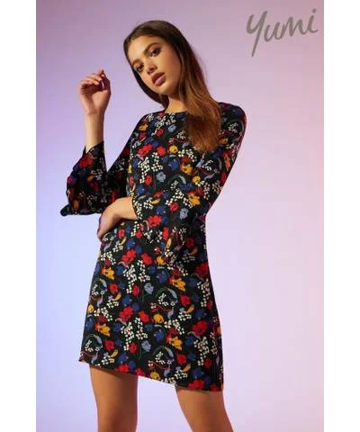 Your Shopping Wish, Our Discount Command!Floral Flute Sleeve Tunic Dress