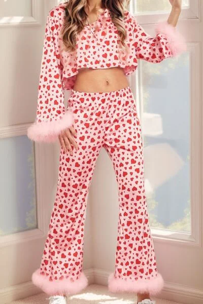 Great Deals, Just for You!Fuzzy Trim Heart Print Cropped Top and Flare Pants Set