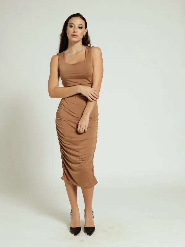 Huge Price Cuts Await!Gauged Push Up Back Bodycon Dress - Stone