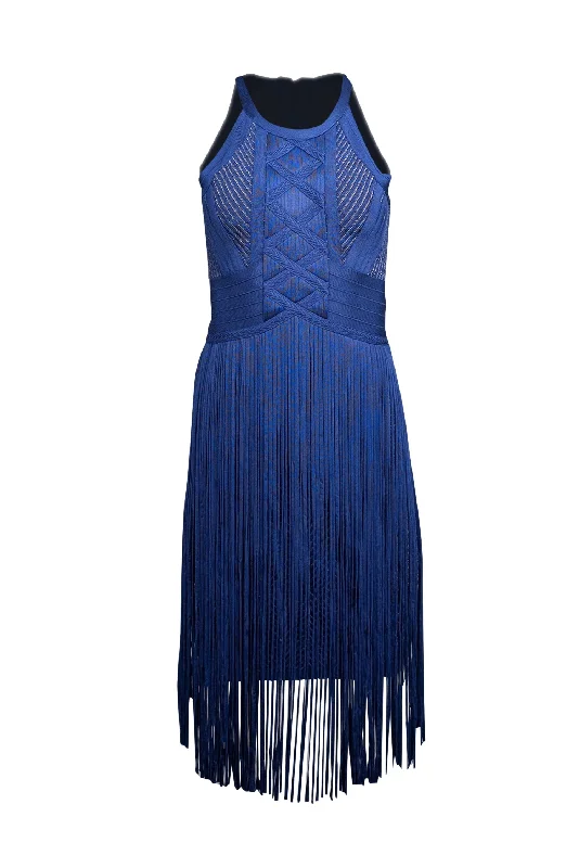 Shop Now and Save!Herve Leger - Blue Chevron Knit Bodycon Dress w/ Fringe Trim Sz M Shop Now and Save!Herve Leger - Blue Chevron Knit Bodycon Dress w/ Fringe Trim Sz M