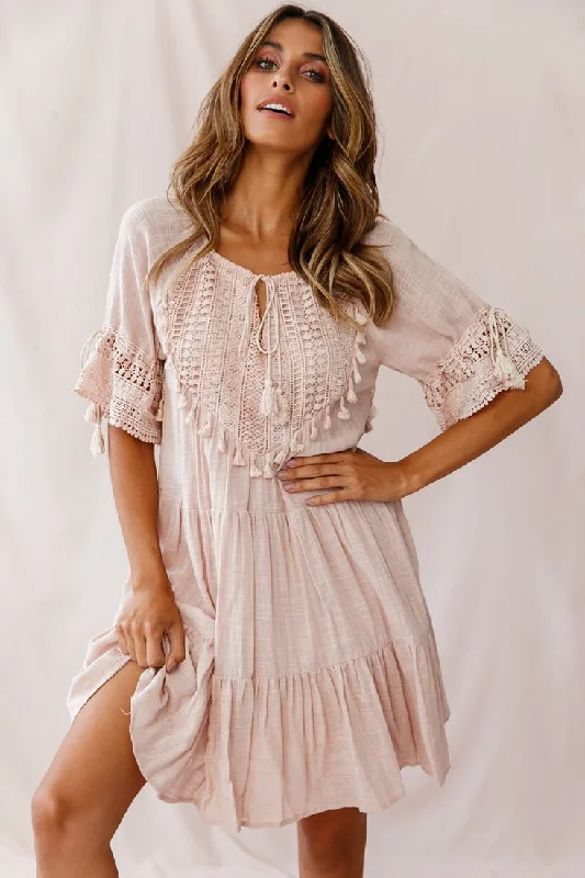 Massive Price Cuts!Jada Crochet and Tassel Kaftan Dress Beige