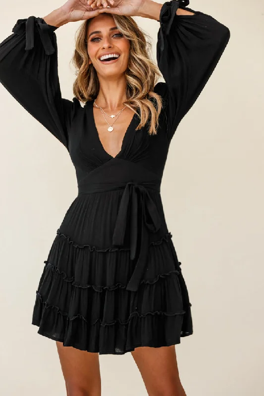 Great Deals, Just for You!Jocelyn Long Sleeve Tied Cuff Frill Dress Black