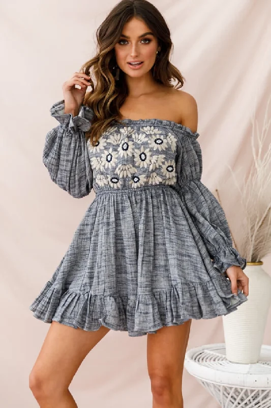 Steals and Deals Await!Kayla Off-Shoulder Daisy Embroidered Dress Blue