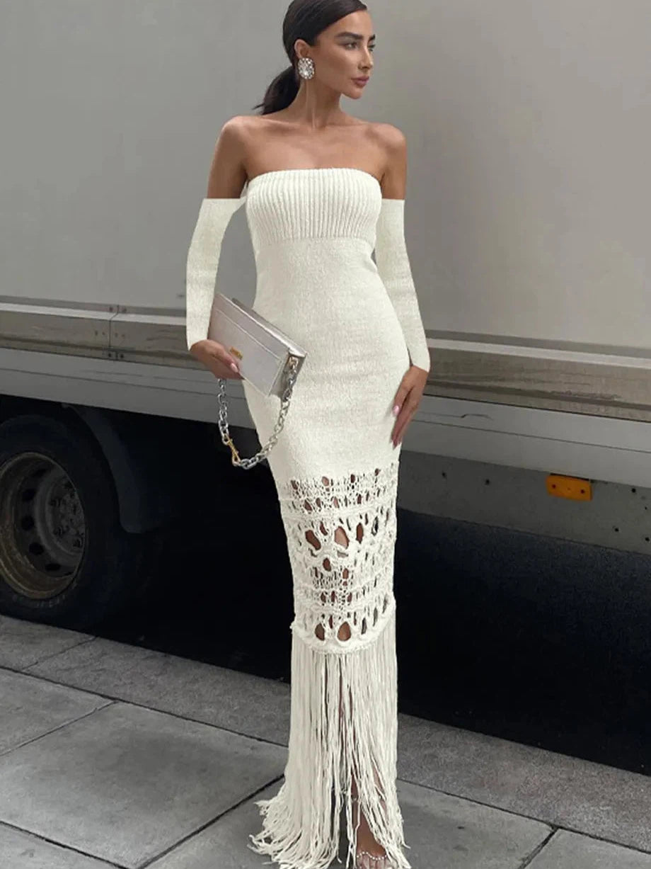 Today Only – Don’t Miss It!Tassel Knitted Off Shoulder Cutout Bodycon Dress