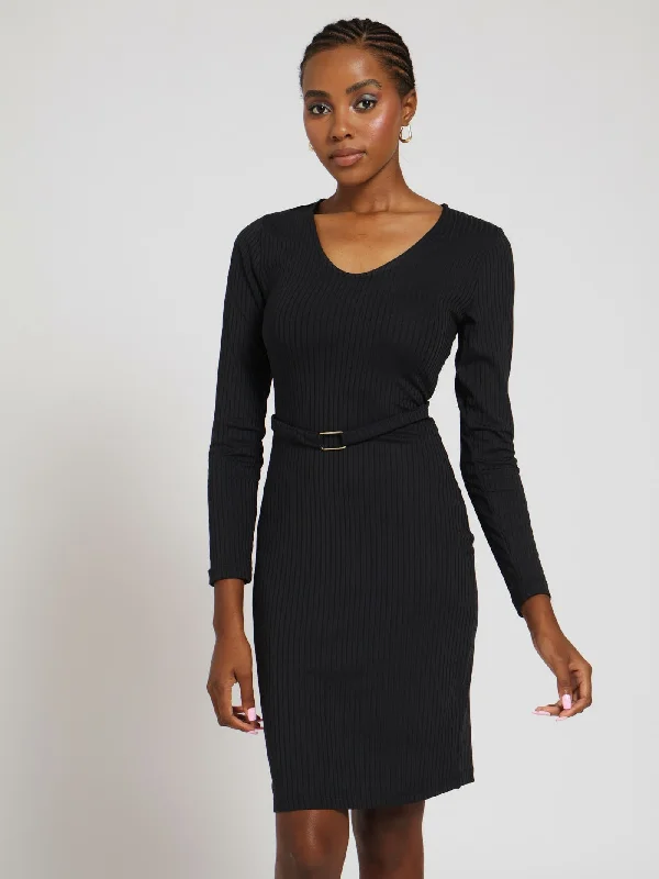 Hot Deals You Can’t Resist!Long Sleeve Belted Trim Short Bodycon Dress - Black