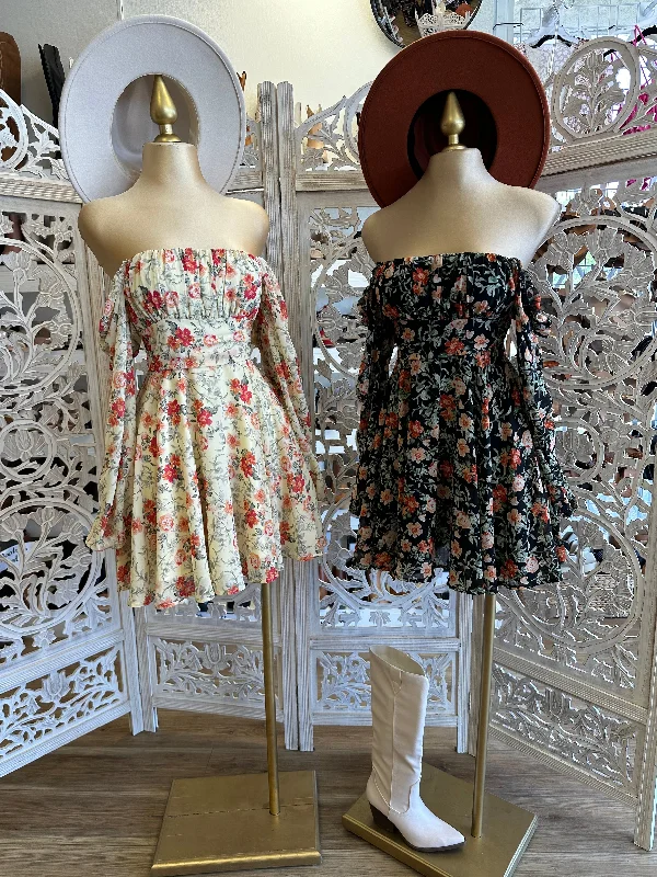 Buy One, Get One Free!Buy One, Get One Free!Long Sleeve Off Shoulder Ribbon Back Floral Dress- Not Stretchy