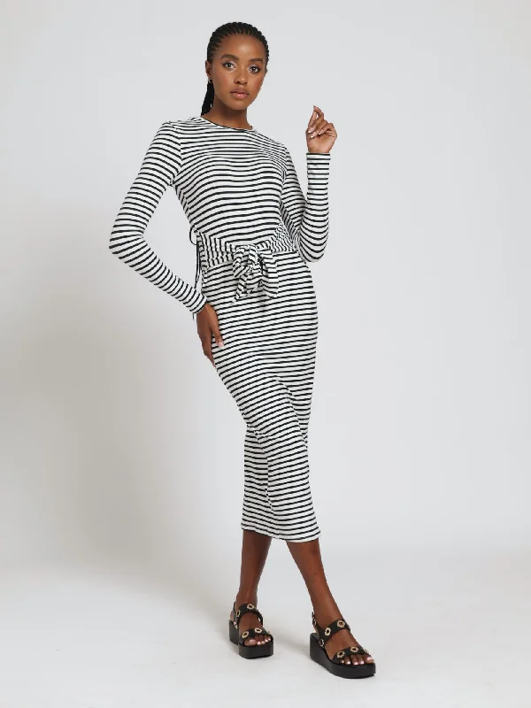 Limited Stock Available!Long Sleeve Stripe Belted Bodycon Dress - Black/White