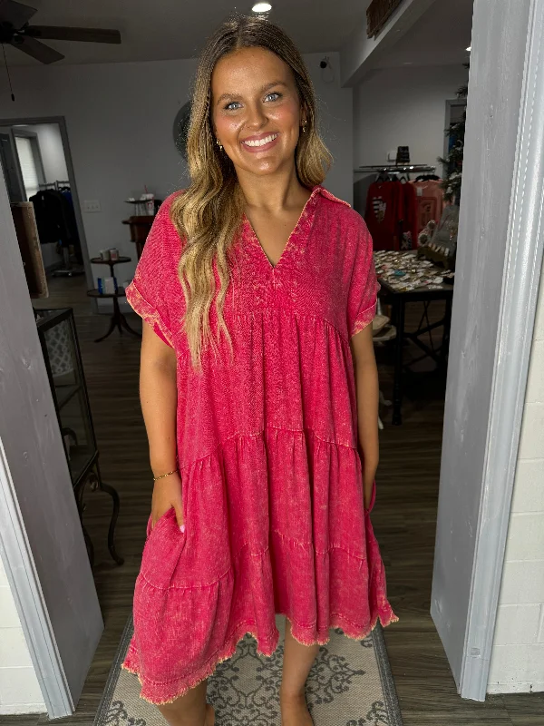 Don’t Wait – Shop Today!Magenta  mineral wash tiered dress